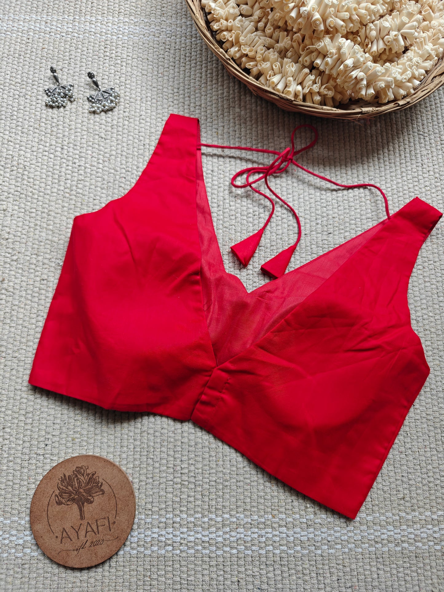 Red Cotton V-Neck Sleeveless Blouse