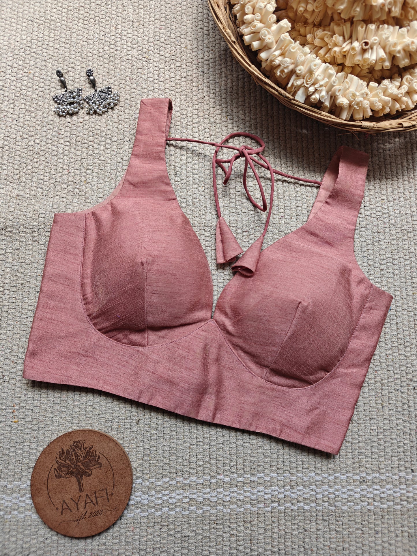 Rose Gold Raw Silk Leaf Neck Belted Sleeveless Blouse