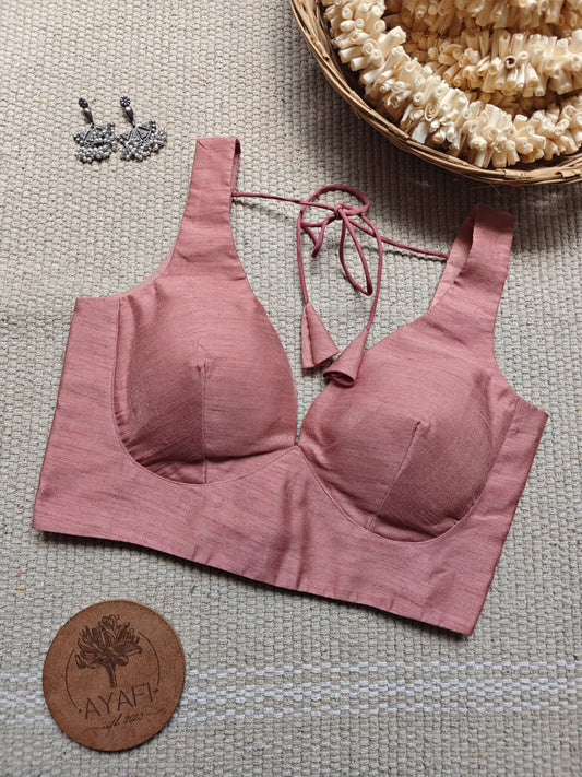 Rose Gold Raw Silk Leaf Neck Belted Sleeveless Blouse