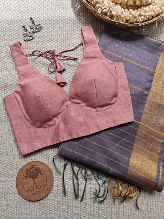 Rose Gold Raw Silk Leaf Neck Belted Sleeveless Blouse