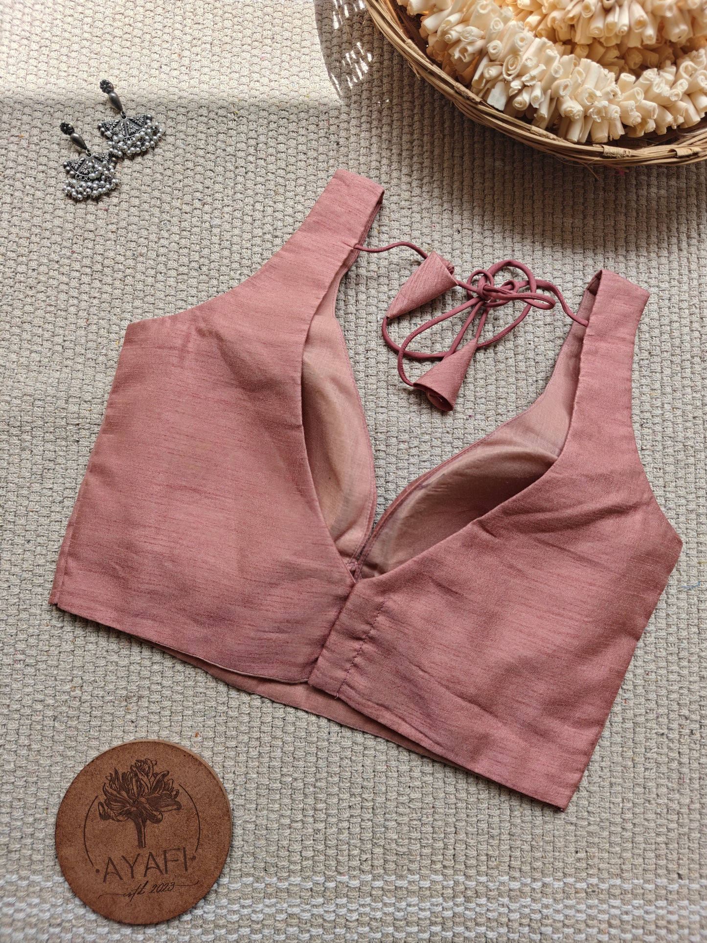 Rose Gold Raw Silk Leaf Neck Belted Sleeveless Blouse