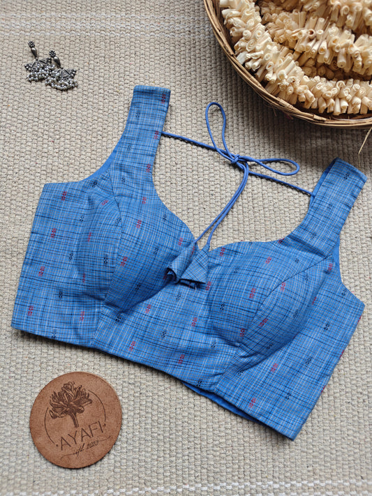 Blue Jacquard Cotton Leaf Neck Sleeveless Blouse