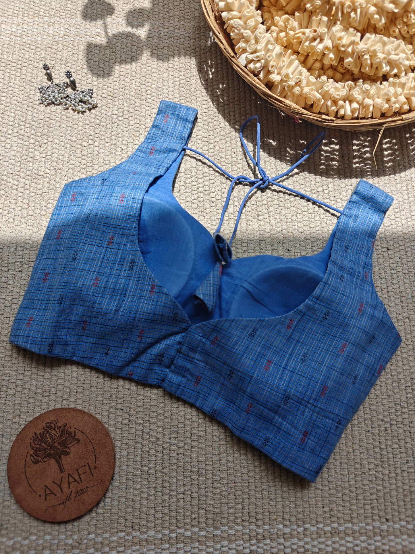 Blue Jacquard Cotton Leaf Neck Sleeveless Blouse