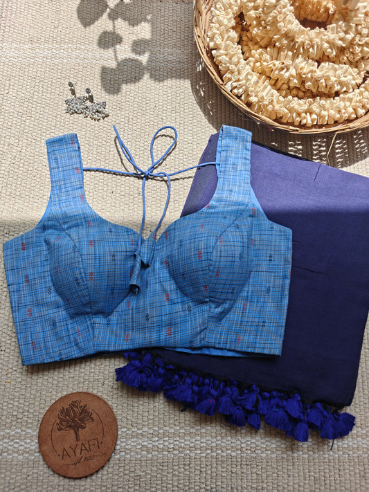 Blue Jacquard Cotton Leaf Neck Sleeveless Blouse