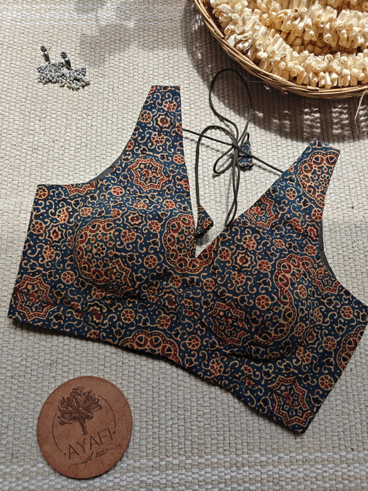 Green Ajrakh Cotton V-Neck Sleeveless Blouse