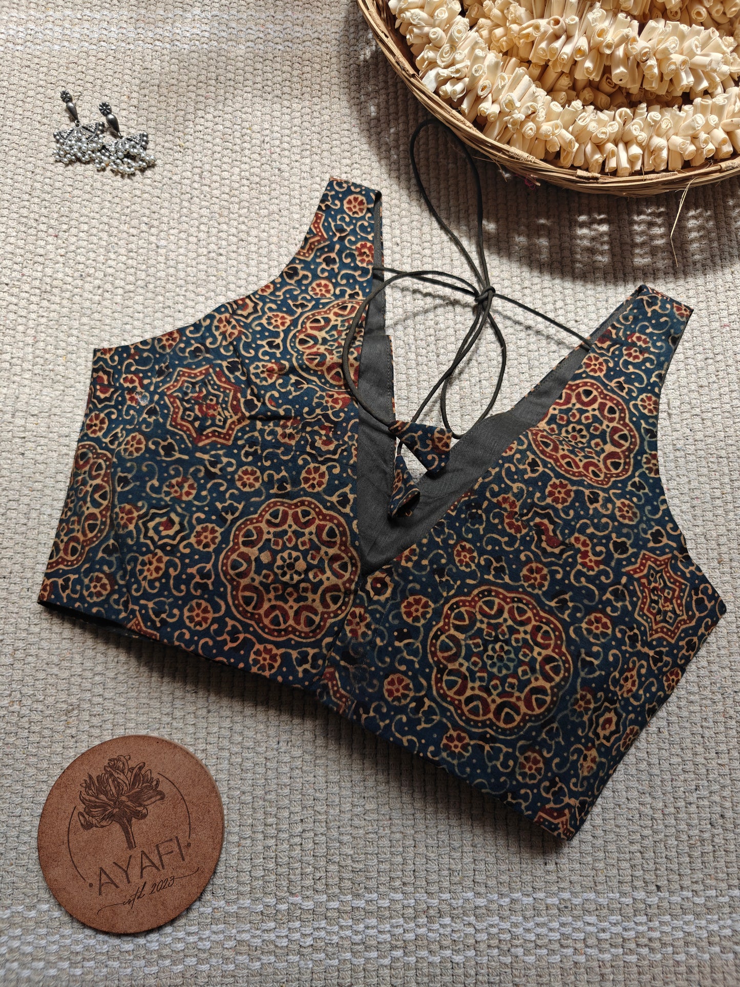 Green Ajrakh Cotton V-Neck Sleeveless Blouse