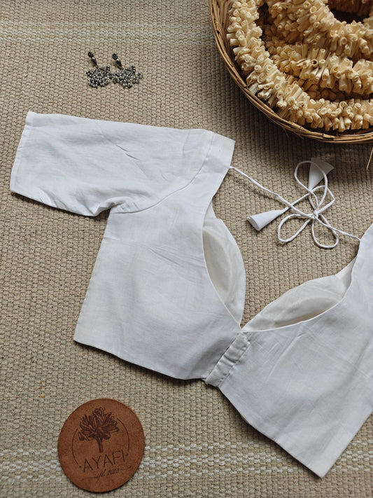 White Leaf Neck Cotton Belted Elbow Sleeves Blouse
