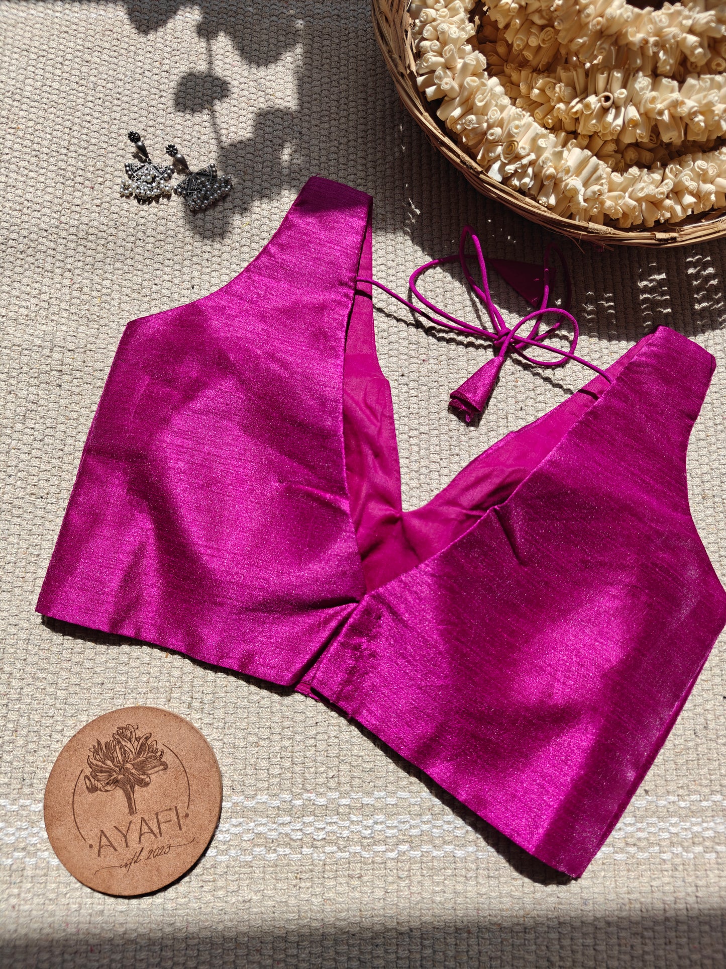 Wine Raw Silk V-Neck Sleeveless Blouse