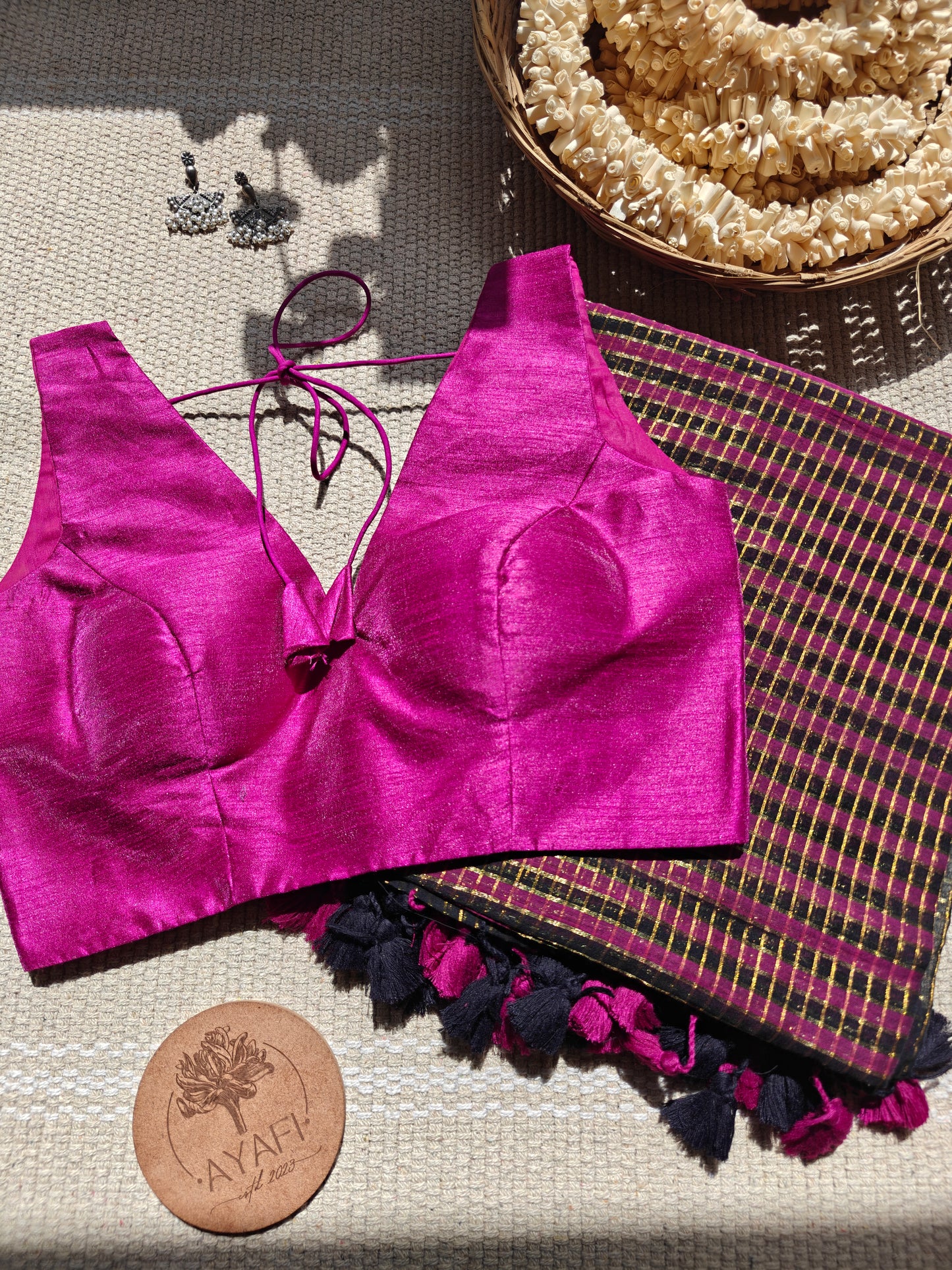 Wine Raw Silk V-Neck Sleeveless Blouse