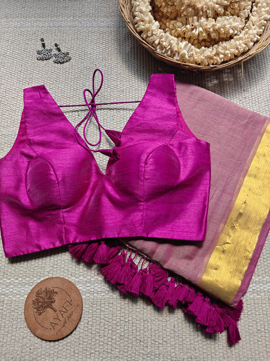 Wine Raw Silk V-Neck Sleeveless Blouse