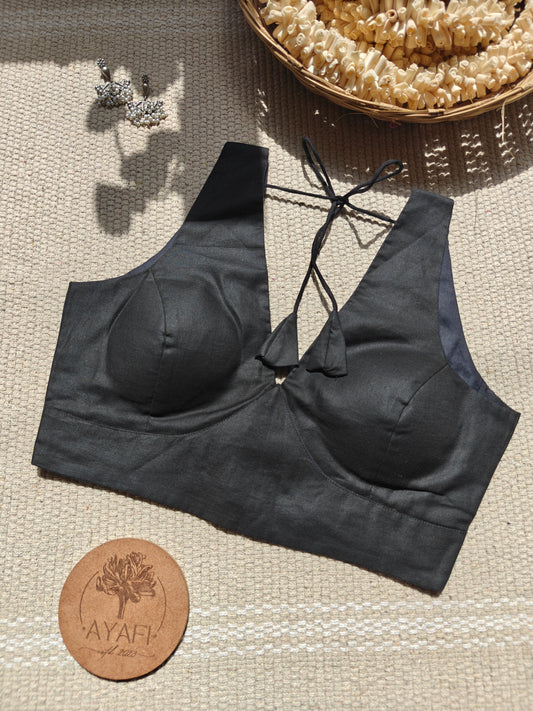 Black Cotton V-Neck Belted Sleeveless Blouse