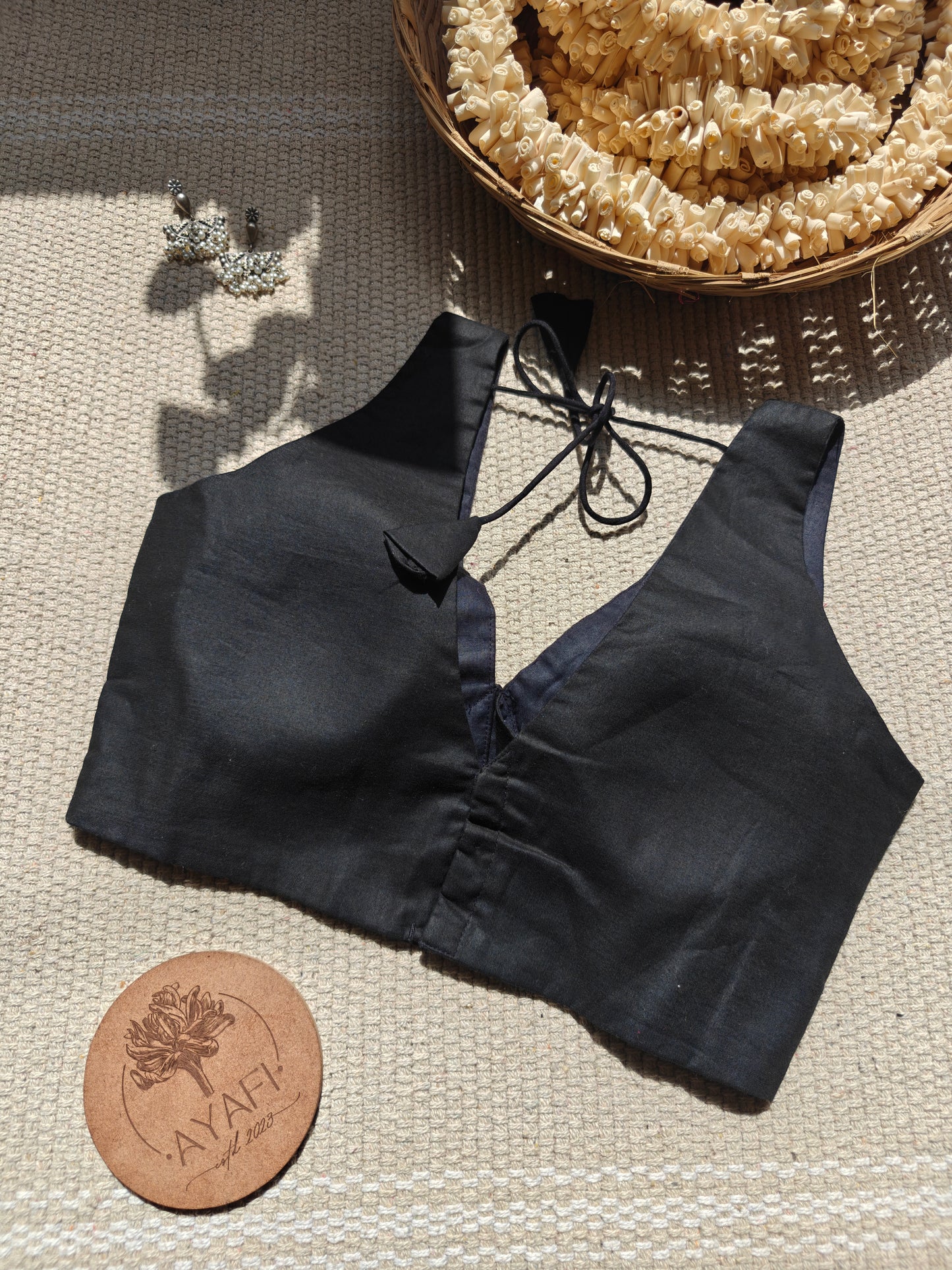 Black Cotton V-Neck Belted Sleeveless Blouse