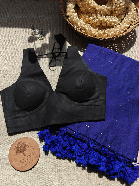 Black Cotton V-Neck Belted Sleeveless Blouse