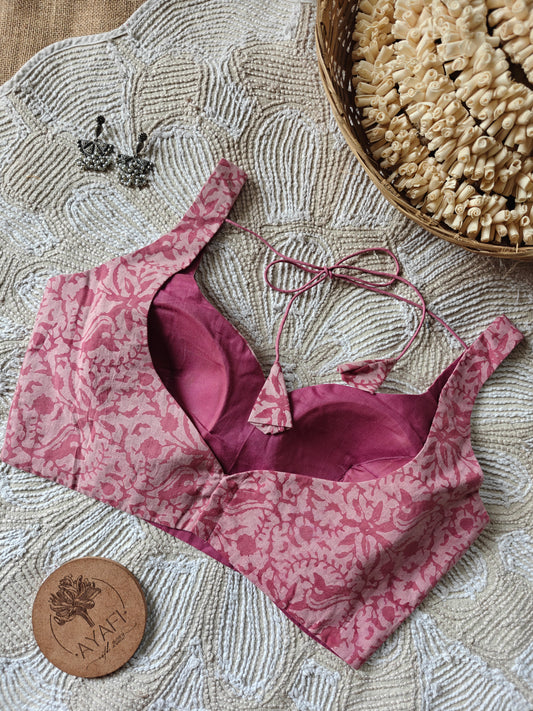 Pink Dabu Handblock Print Cotton Leaf Neck Sleeveless Blouse