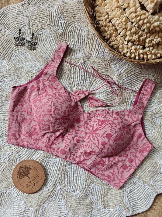 Pink Dabu Handblock Print Cotton Leaf Neck Sleeveless Blouse