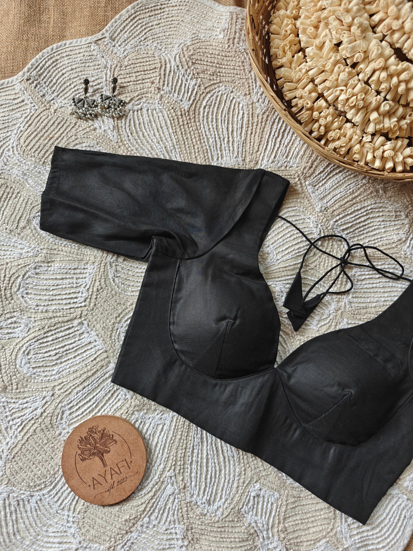 Black Cotton Leaf Neck Belted Elbow Sleeves Blouse