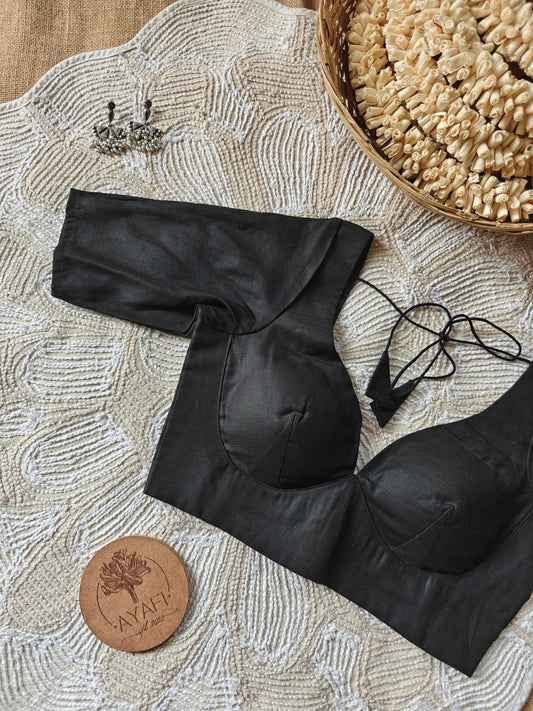 Black Cotton Leaf Neck Belted Elbow Sleeves Blouse