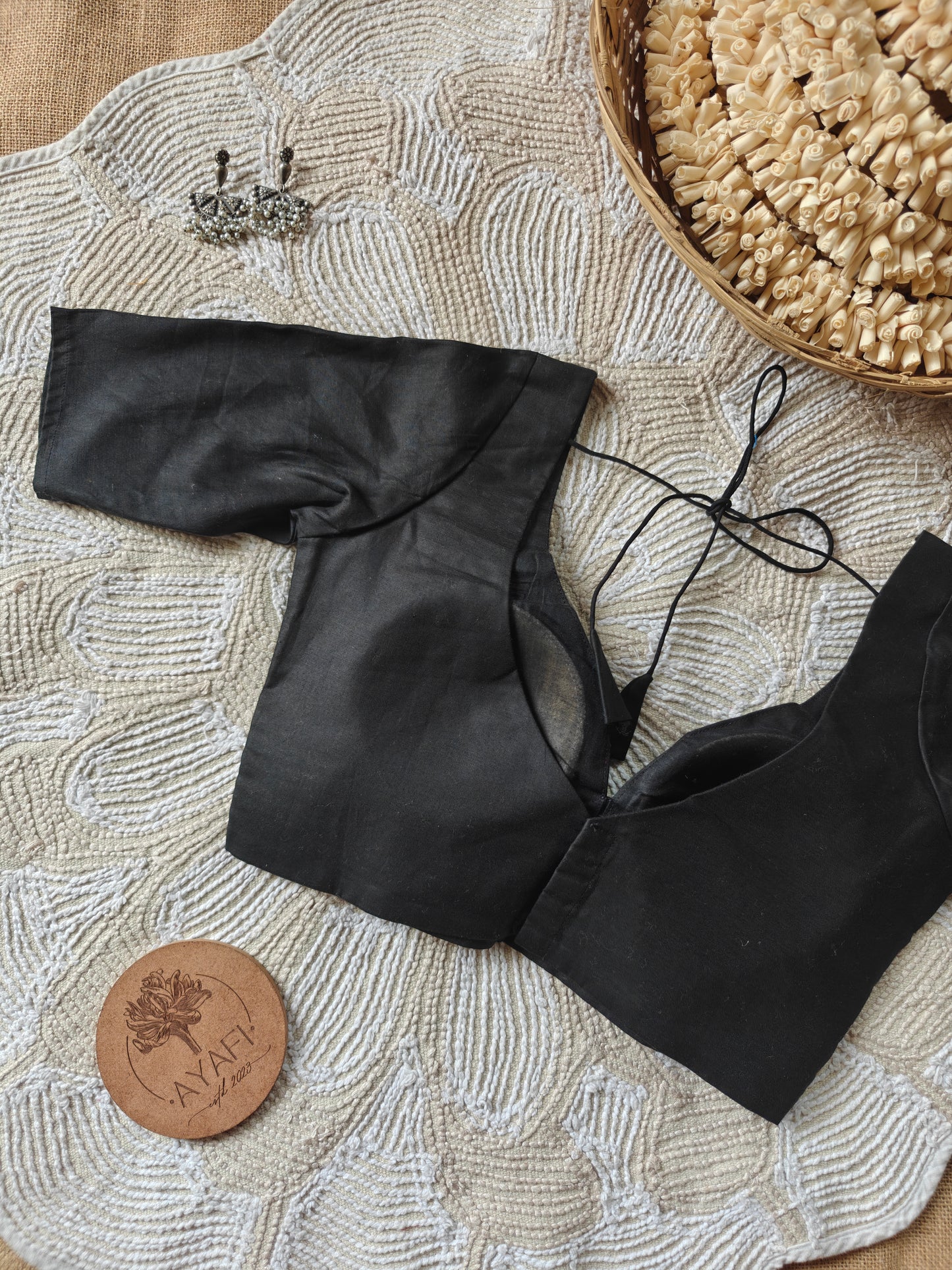 Black Cotton Leaf Neck Belted Elbow Sleeves Blouse