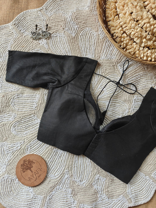 Black Cotton Leaf Neck Belted Elbow Sleeves Blouse