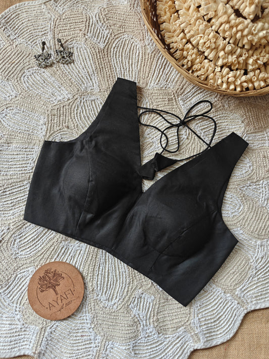 Black Cotton V-Neck Sleeveless Blouse
