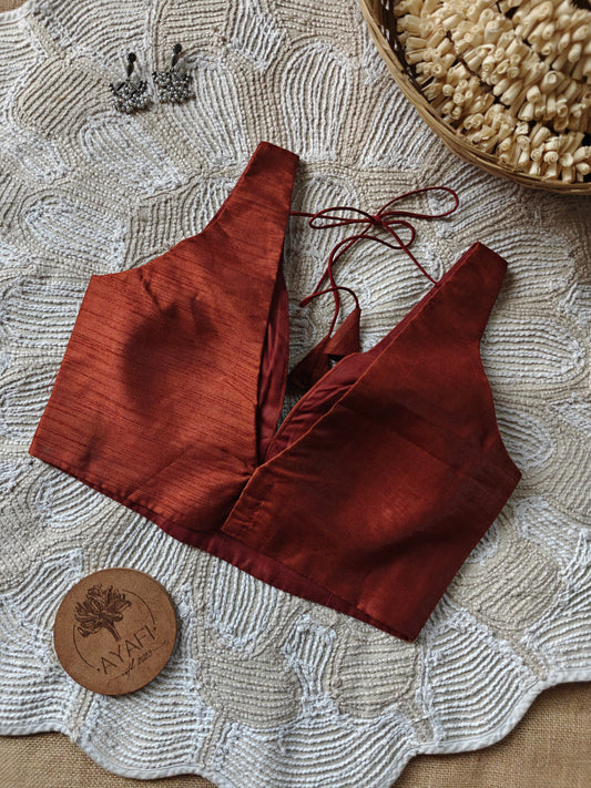 Brown Raw Silk V-Neck Belted Sleeveless Blouse