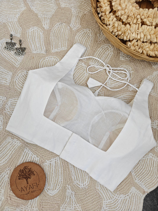 White Cotton Leaf Neck Sleeveless Blouse