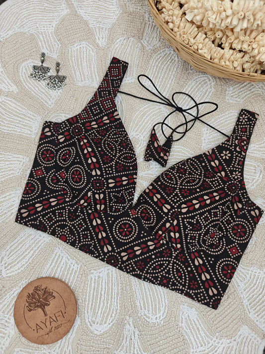 Black Abstract Printed Cotton Leaf Neck Belted Sleeveless Blouse