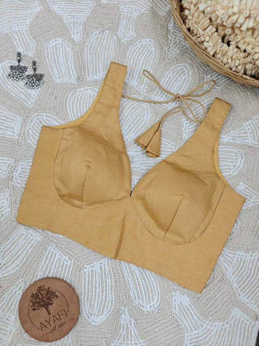 Golden Raw Silk Leaf Neck Sleeveless Blouse