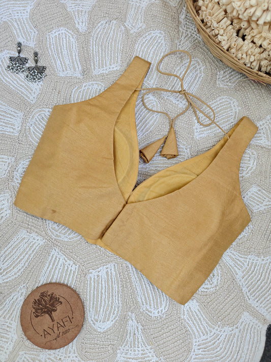Golden Raw Silk Leaf Neck Sleeveless Blouse