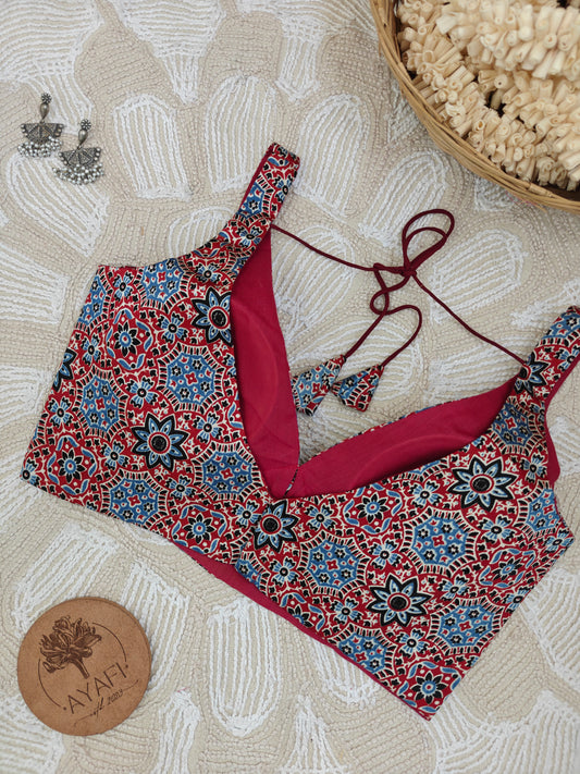 Red Ajrakh Gajji Silk Leaf Neck Belted Sleeveless Blouse