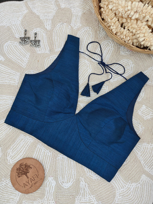 Dark Blue Raw Silk V-Neck Belted Sleeveless Blouse