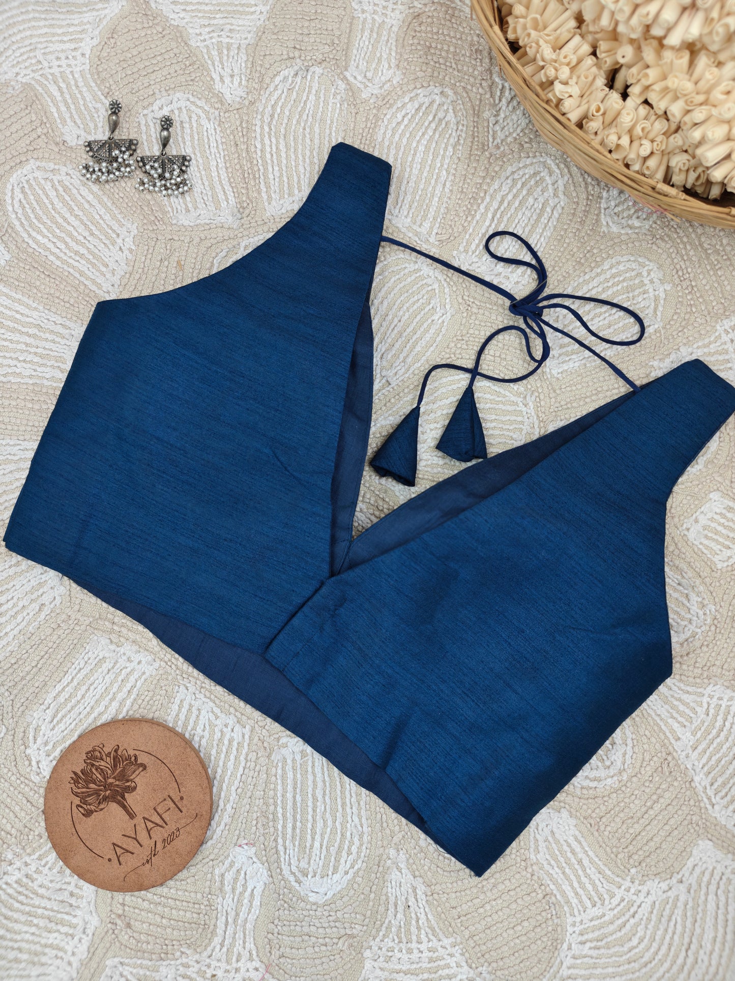 Dark Blue Raw Silk V-Neck Belted Sleeveless Blouse