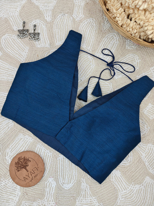Dark Blue Raw Silk V-Neck Belted Sleeveless Blouse