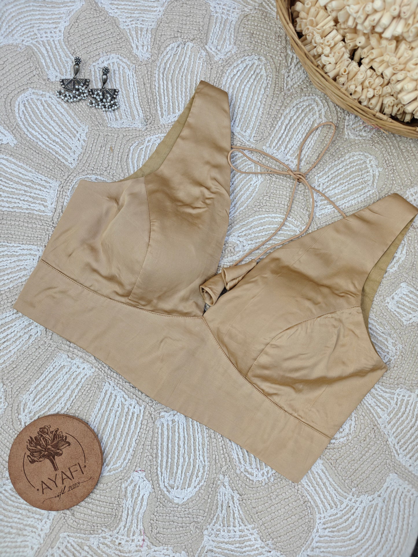 Pale Gold Modal Silk V-Neck Belted Sleeveless Blouse