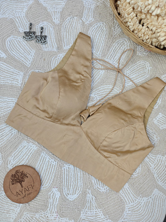 Pale Gold Modal Silk V-Neck Belted Sleeveless Blouse