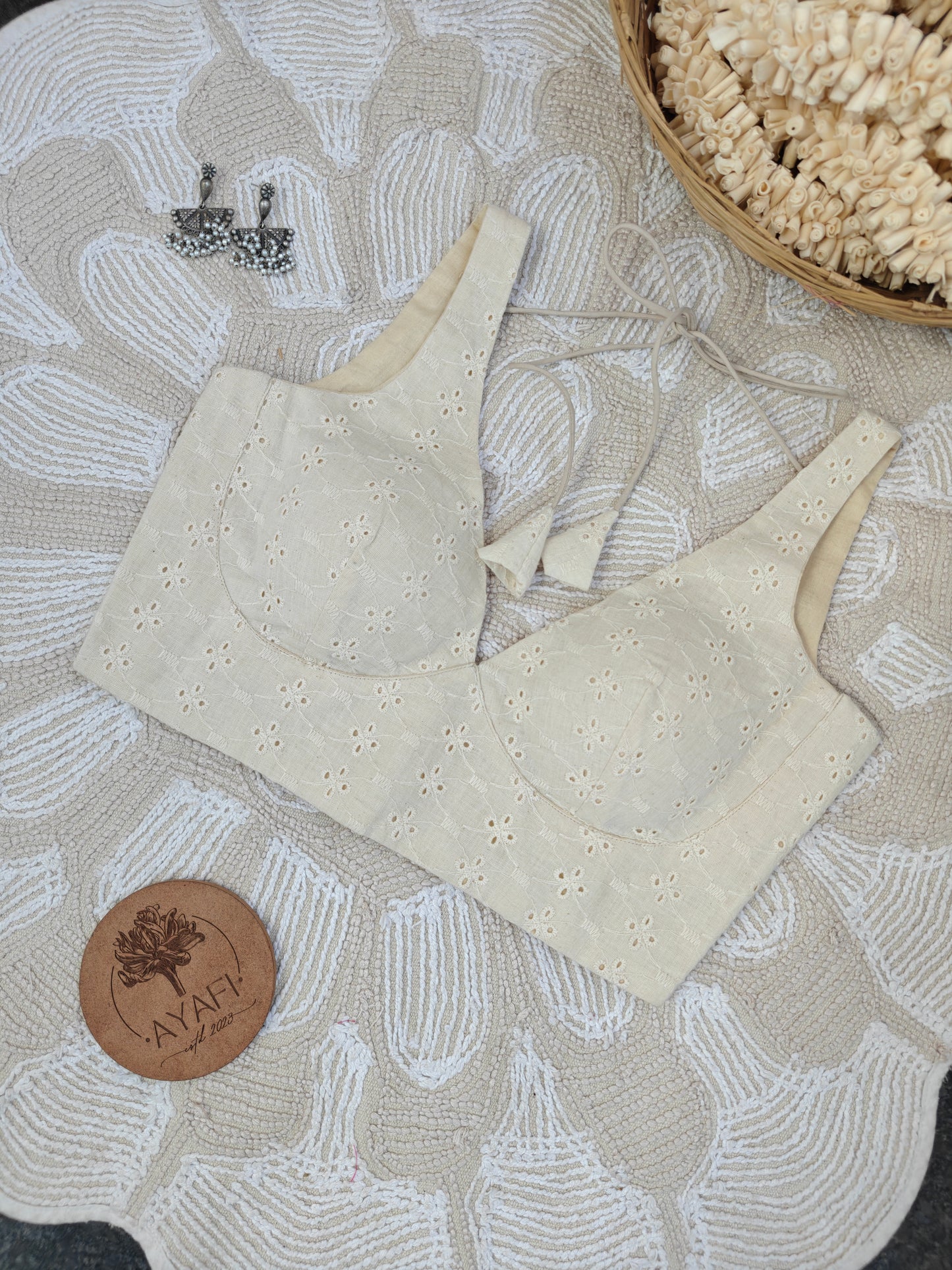 Off-White Cotton Hakoba Leaf Neck Belted Sleeveless Blouse