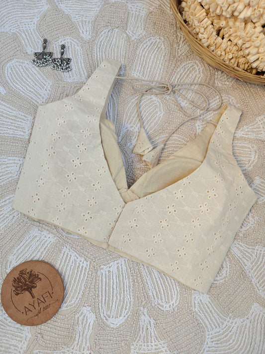 Off-White Cotton Hakoba Leaf Neck Belted Sleeveless Blouse