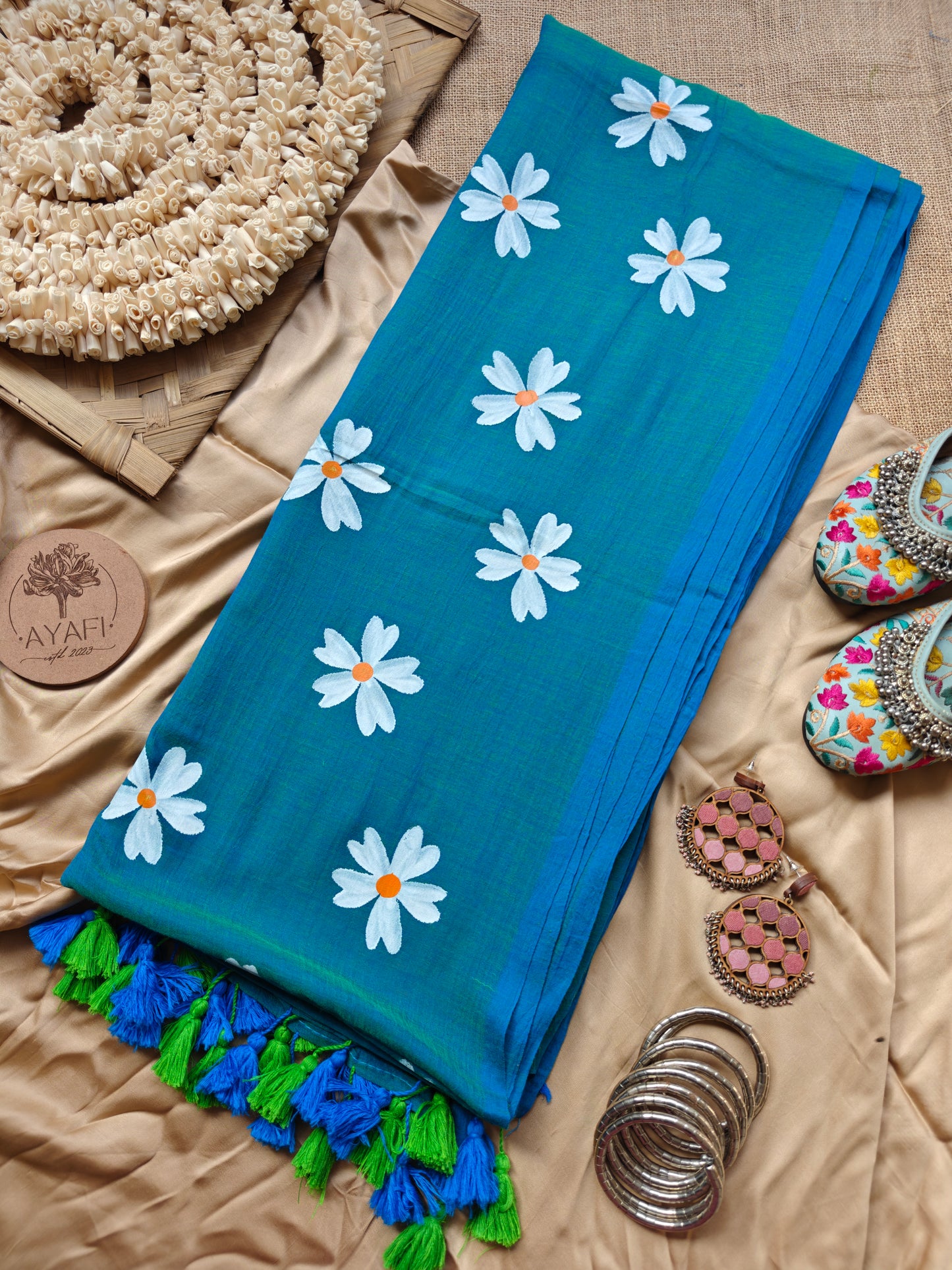 Aquamarine Jasmine Hand-Painted Saree