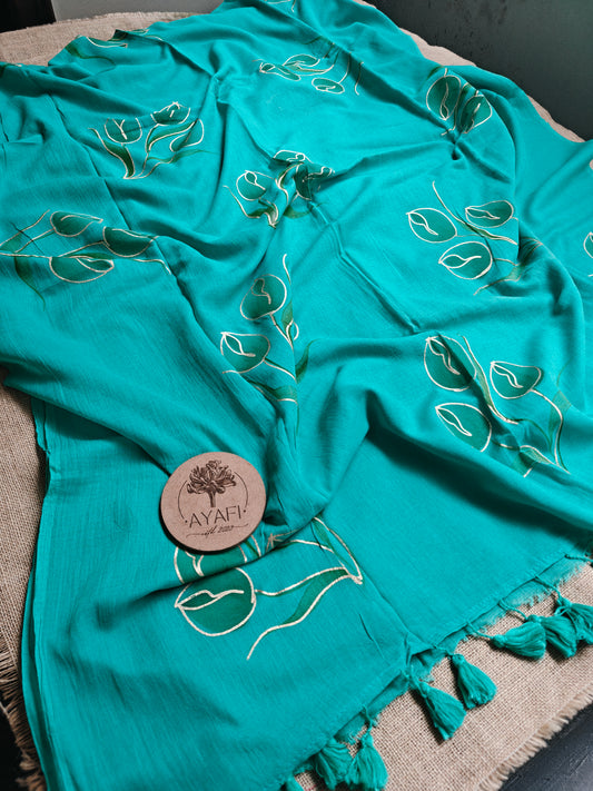 Aqua Tulip Bouquet Hand-Painted Saree