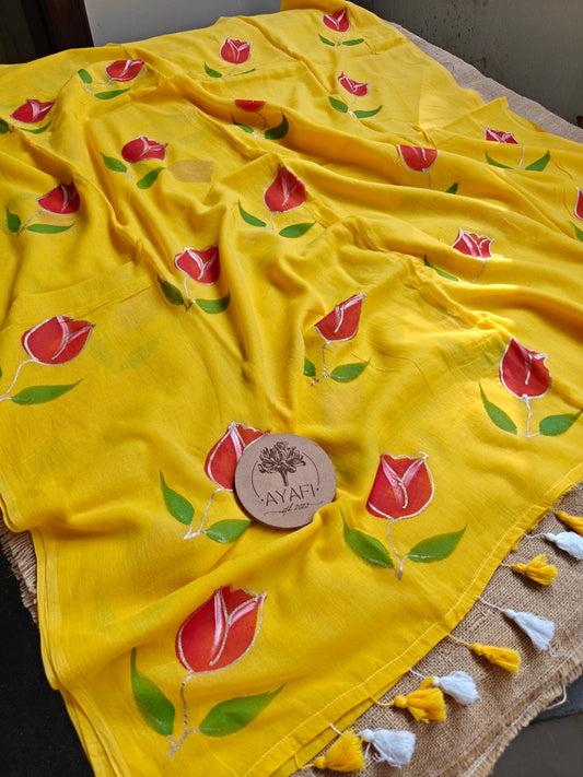 Mango Tulip Hand-Painted Saree