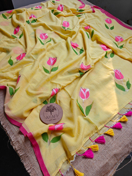 Lemon Tulip Hand-Painted Saree