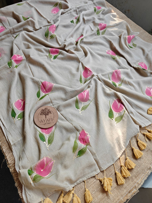 Light Tawny Tulip Hand-Painted Saree