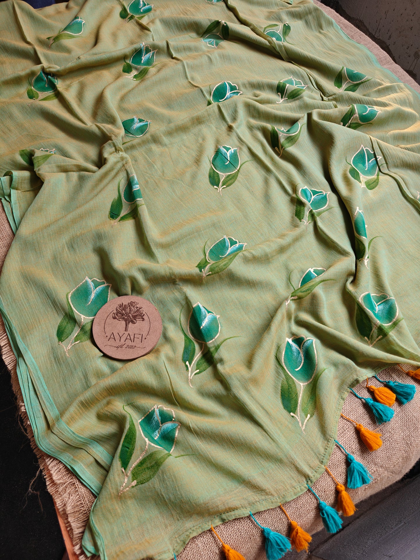 Mossy Tulip Hand-Painted Saree