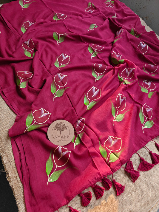 Carmine Tulip Hand-Painted Saree