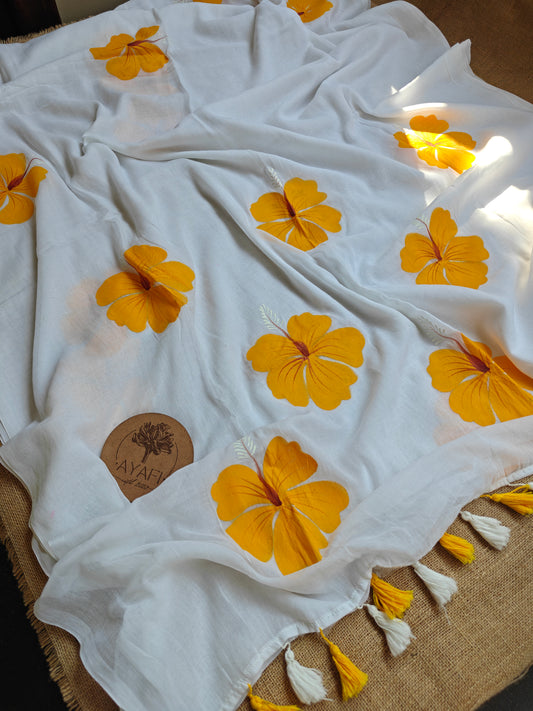 Yellow Hibiscus Hand-Painted Saree