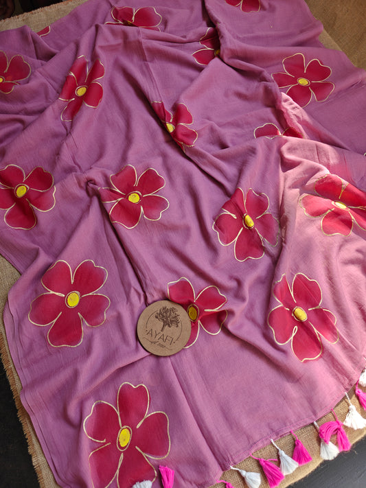 Dusty Pink Hibiscus Hand-Painted Saree