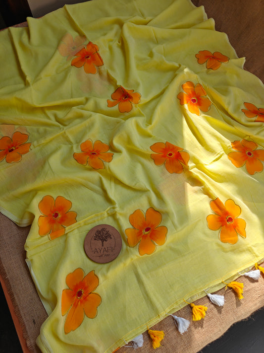 Lemon Hibiscus Hand-Painted Saree
