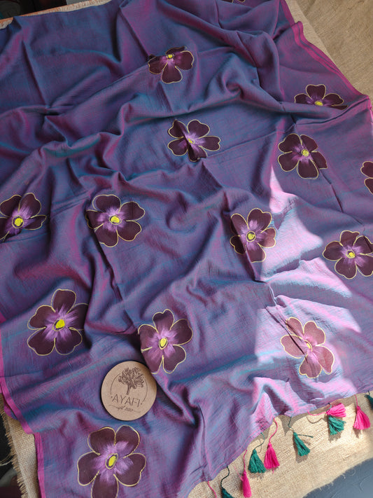 Smoked Orchid Hibiscus Hand-Painted Saree
