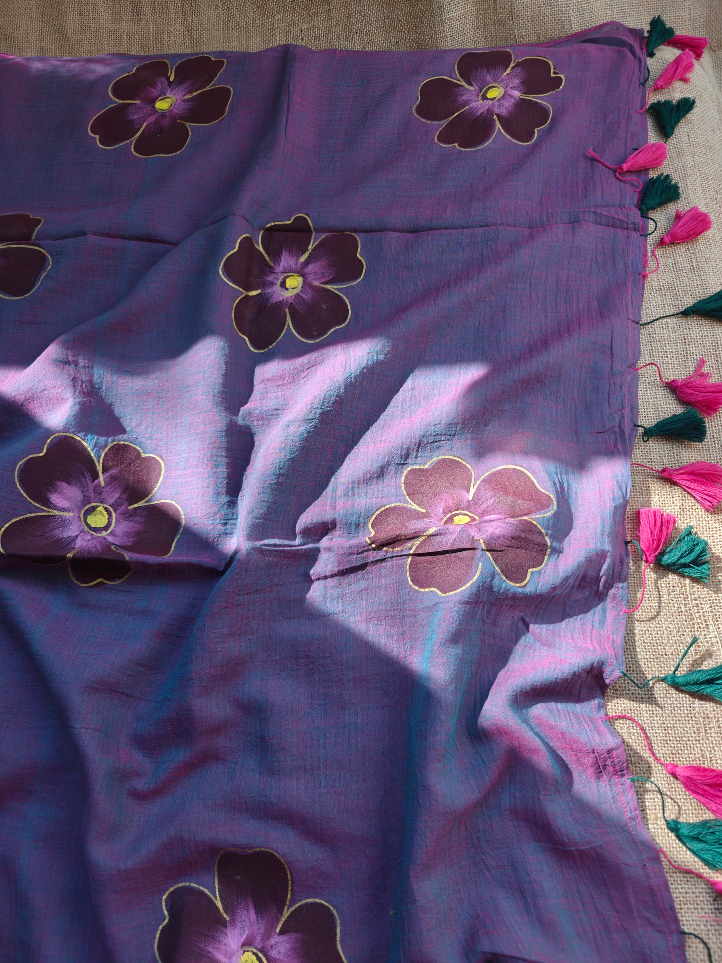 Smoked Orchid Hibiscus Hand-Painted Saree
