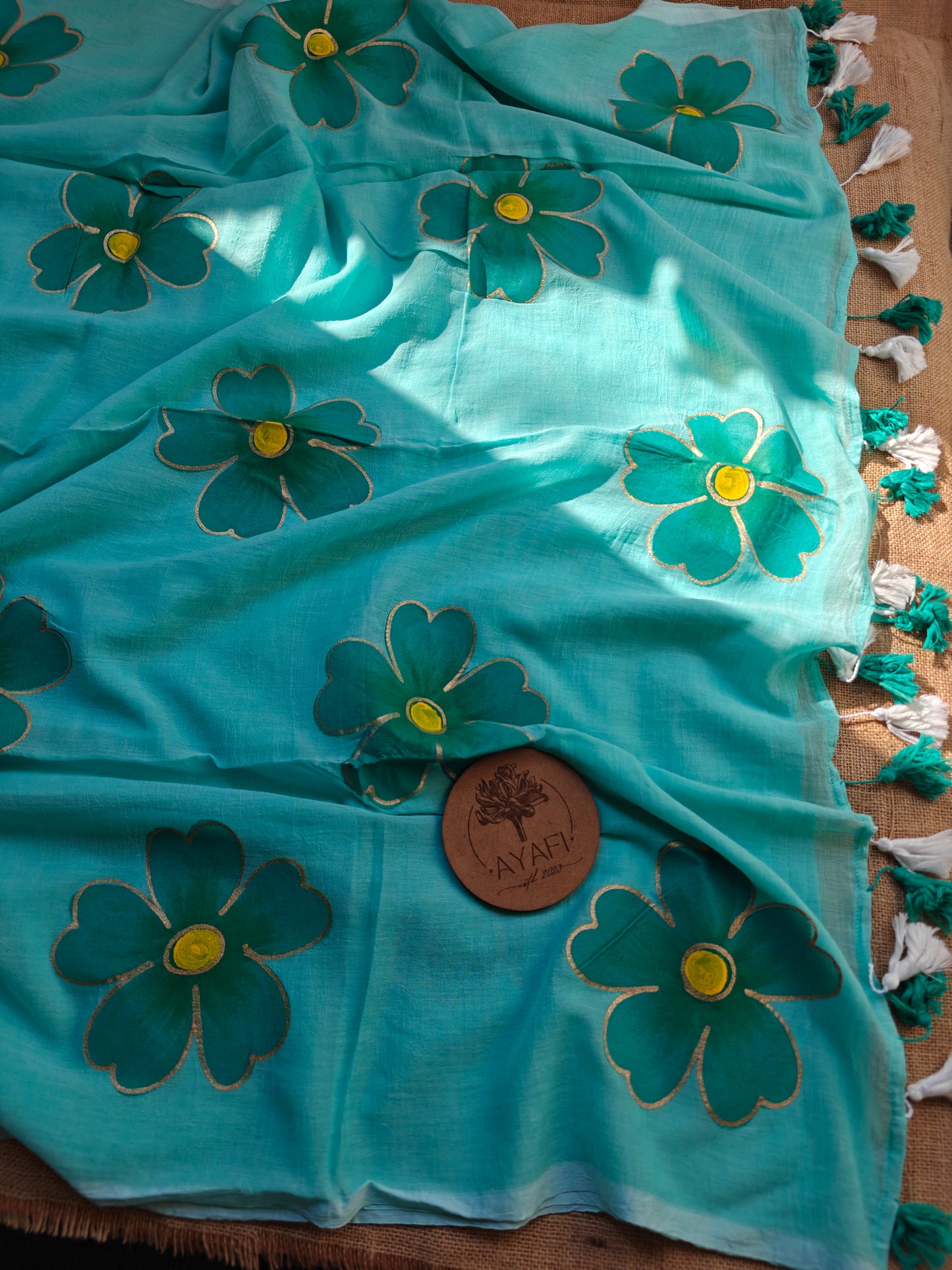 Aqua Hibiscus Hand-Painted Saree